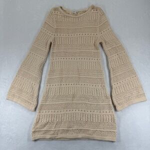 MINNIE ROSE Beige Crochet Bell Sleeve Mini Dress XS Cotton